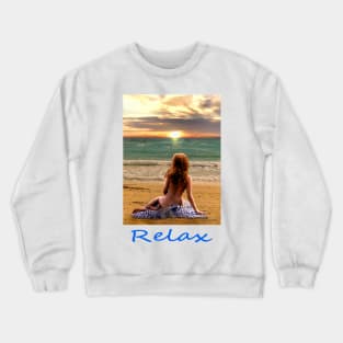 Woman girl seated on beach looking at sunset zen yoga buddhism Crewneck Sweatshirt